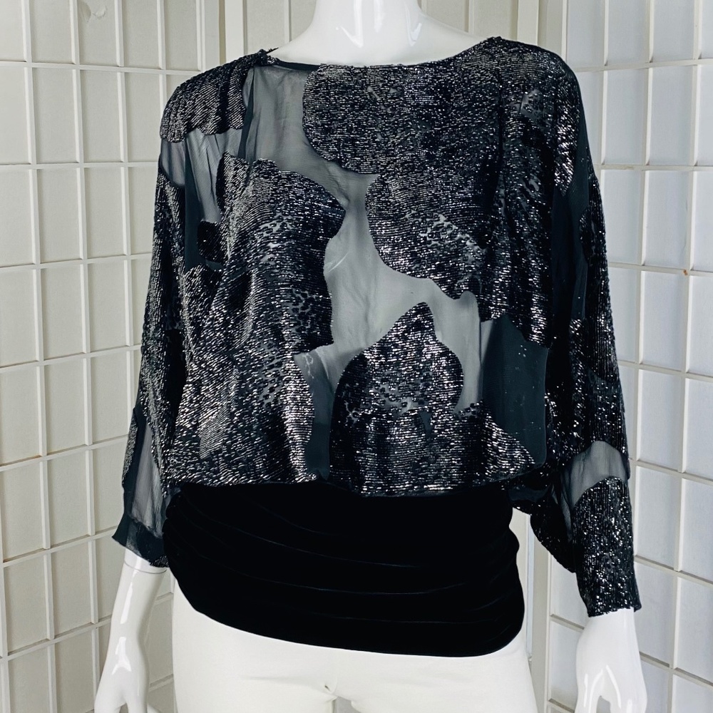 Vintage Henri Bendel Women's Black Sheer Dolman Sleeve Blouse, 40.